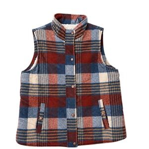 Thread & Supply Plaid Sherpa Lined Quilted Puffer Vest Brick Sky Blue Medium